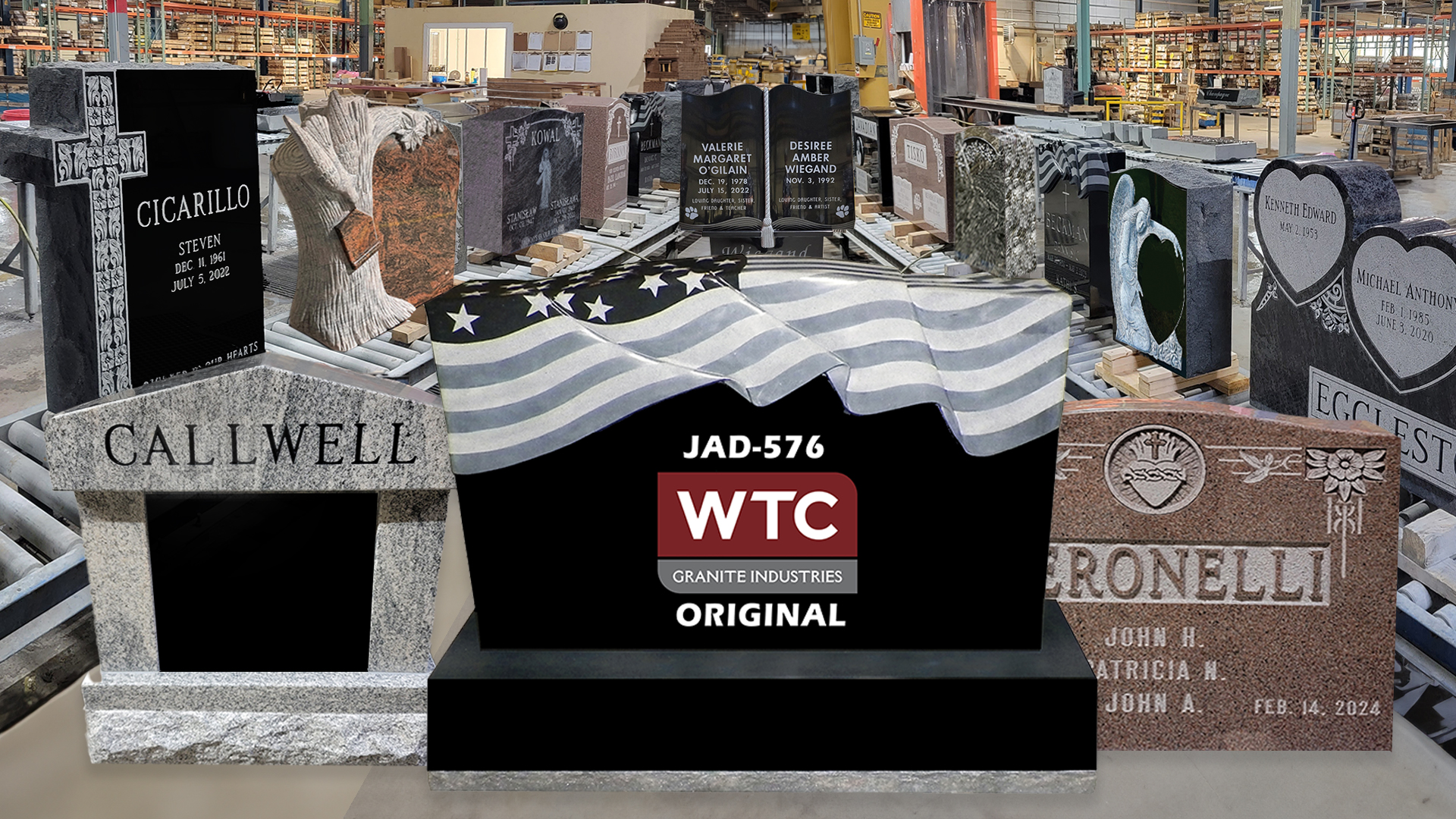 WTC Granite's warehouse with granite monuments